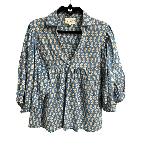 Sohana Collar Top Blue Tan Print Puff Sleeves Womens Size Medium - Picture 2 of 7
